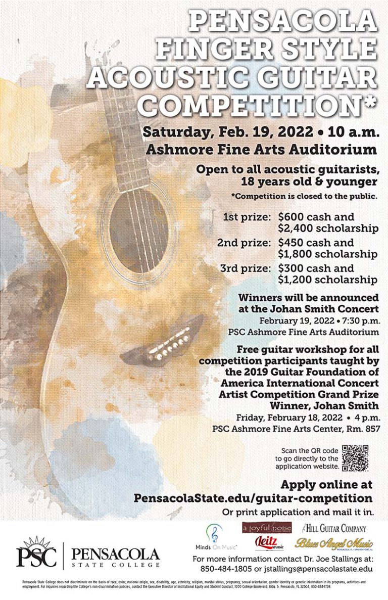 2022 PFSAGC Poster decorative image of 2022-PFSAGC-Poster , Pensacola Finger Style Acoustic Guitar Competition set for Feb. 19 at PSC 2022-01-12 11:27:47