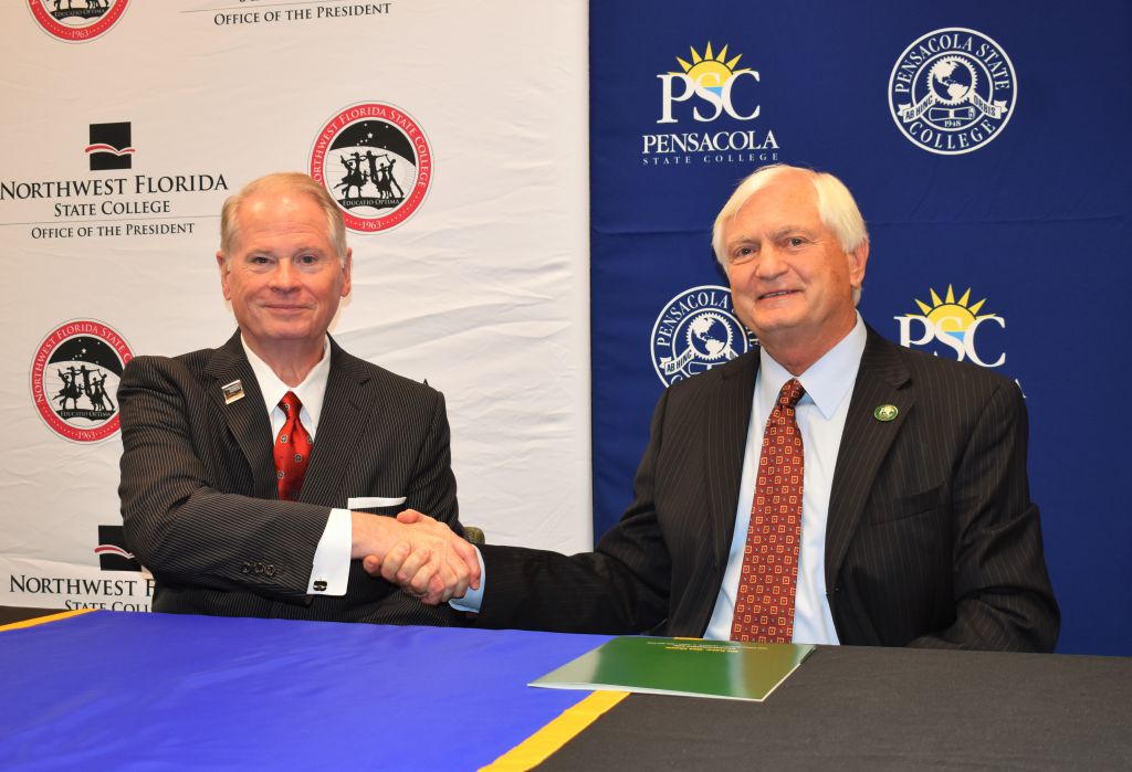 decorative image of PSC-NWFSC-handshake-scaled , Pensacola State, Northwest Florida sign 2+2 articulation agreement 2023-06-22 16:34:27