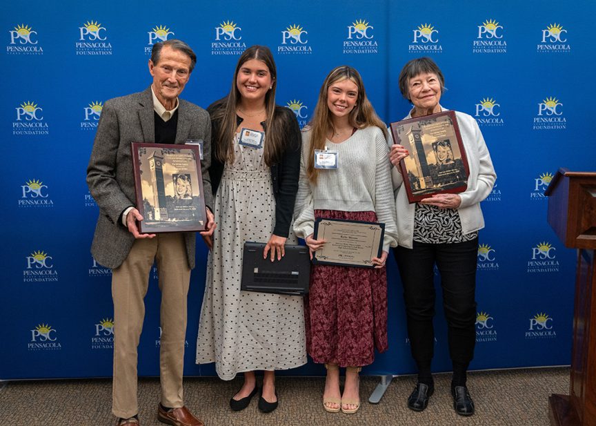 Harry Wilder (left) and Martha Wilder (right), Ami-Lee Wilder’s parents, with Pensacola State College students Andria Glaze and Kylie Moore, recipients of the new Ami-Lee Wilder Pirates CARE Endowed Scholarship at the PSC South Santa Rosa Center in Gulf Breeze, Tuesday, Jan.13, 2026.