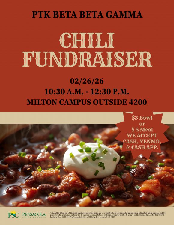 PTK BETA BETA GAMMA Chili Fundraiser, 2/26/26 at 10:30 am - 12:30 pm. Milton Campus Outside Bldg. 4200. $3 per Bowl or 45 Meal. Cash, Venmo 