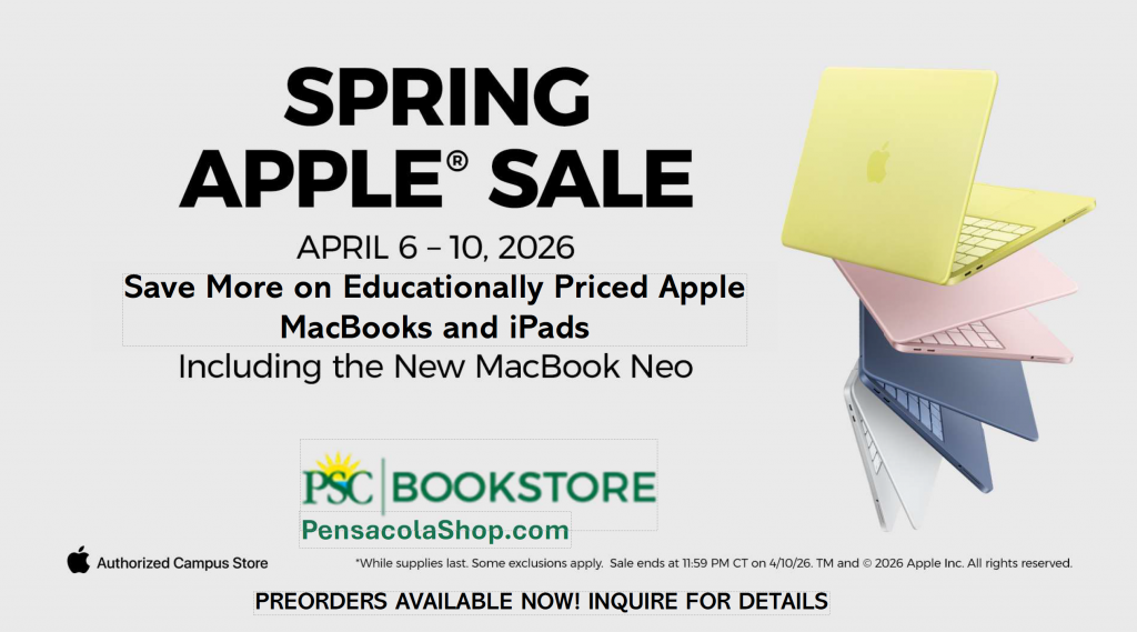 Decorative image of Apple products sale at the PSC Bookstore.